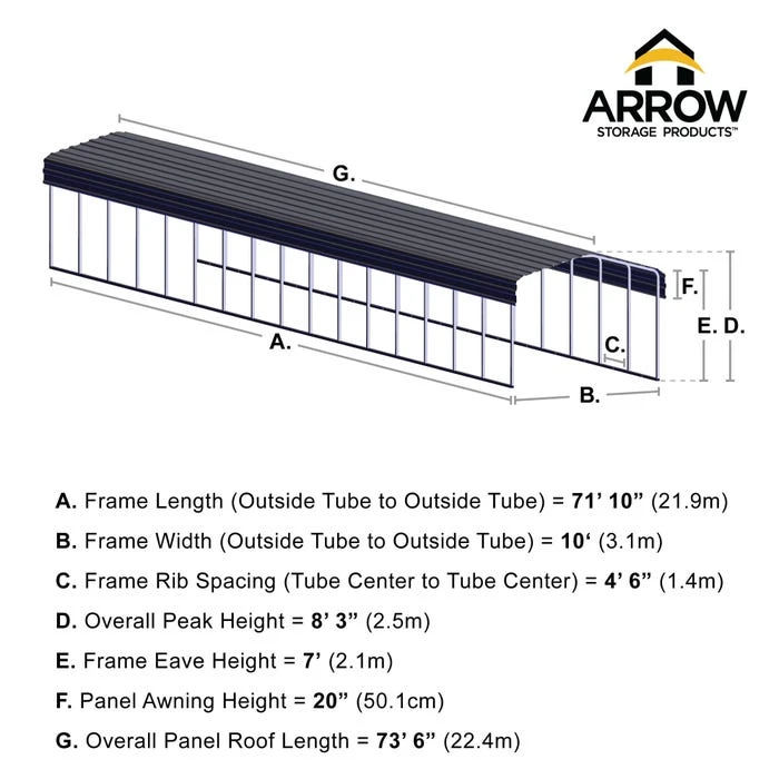 Arrow Carport, 10 Ft. X 74 Ft. X 7 Ft. Charcoal 4 Arrow Carport, 10 Ft. X 74 Ft. X 7 Ft. Charcoal - Image 2