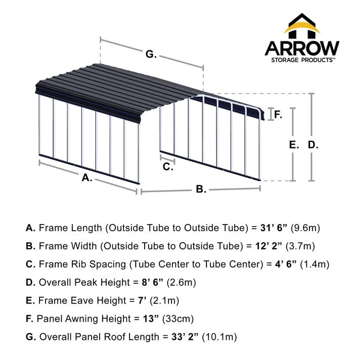 Arrow Carport, 12 Ft. X 33 Ft. X 7 Ft. Charcoal 5 Arrow Carport, 12 Ft. X 33 Ft. X 7 Ft. Charcoal - Image 3