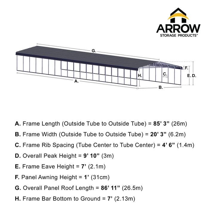 Arrow Carport, 20 Ft. X 87 Ft. X 7 Ft. Charcoal 4 Arrow Carport, 20 Ft. X 87 Ft. X 7 Ft. Charcoal - Image 2
