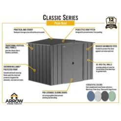 Arrow Classic Steel Storage Shed, 6 Ft. X 5 Ft., Charcoal -Shelterlogic arrowclassic peak infographic 1