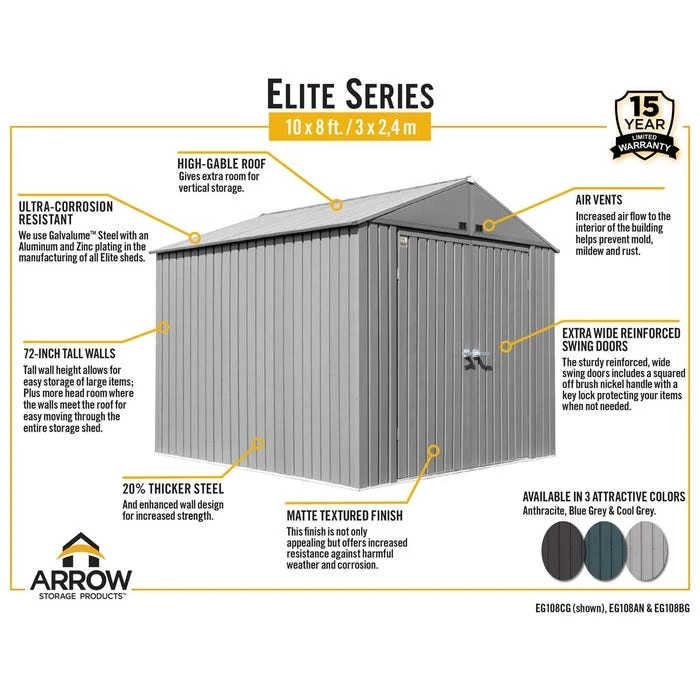 Arrow Elite Steel Storage Shed, 10x8, Cool Grey 8 Arrow Elite Steel Storage Shed, 10x8, Cool Grey - Image 6