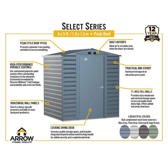 Arrow Select Steel Storage Shed, 6x5, Flute Grey 6 Arrow Select Steel Storage Shed, 6x5, Flute Grey - Image 4