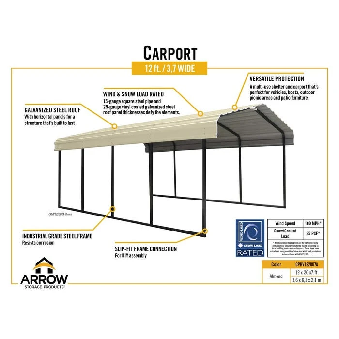 Arrow Carport, 12 Ft. X 20 Ft. X 7 Ft. Vinyl Almond 5 Arrow Carport, 12 Ft. X 20 Ft. X 7 Ft. Vinyl Almond - Image 3