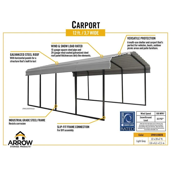 Arrow Vinyl Carport, 12 Ft. X 20 Ft. X 7 Ft. Light Grey 5 Arrow Vinyl Carport, 12 Ft. X 20 Ft. X 7 Ft. Light Grey - Image 3